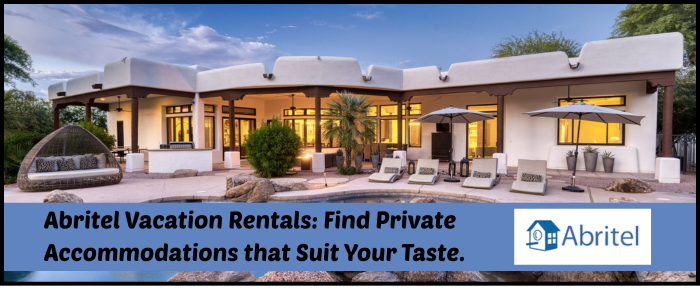 An image features a luxurious vacation rental with a swimming pool, lounge chairs, and an outdoor seating area. The text