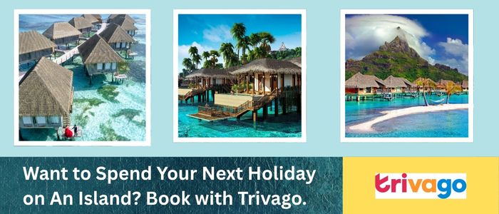 A blue banner displays three framed images of overwater bungalows in tropical settings. Below, text asks,