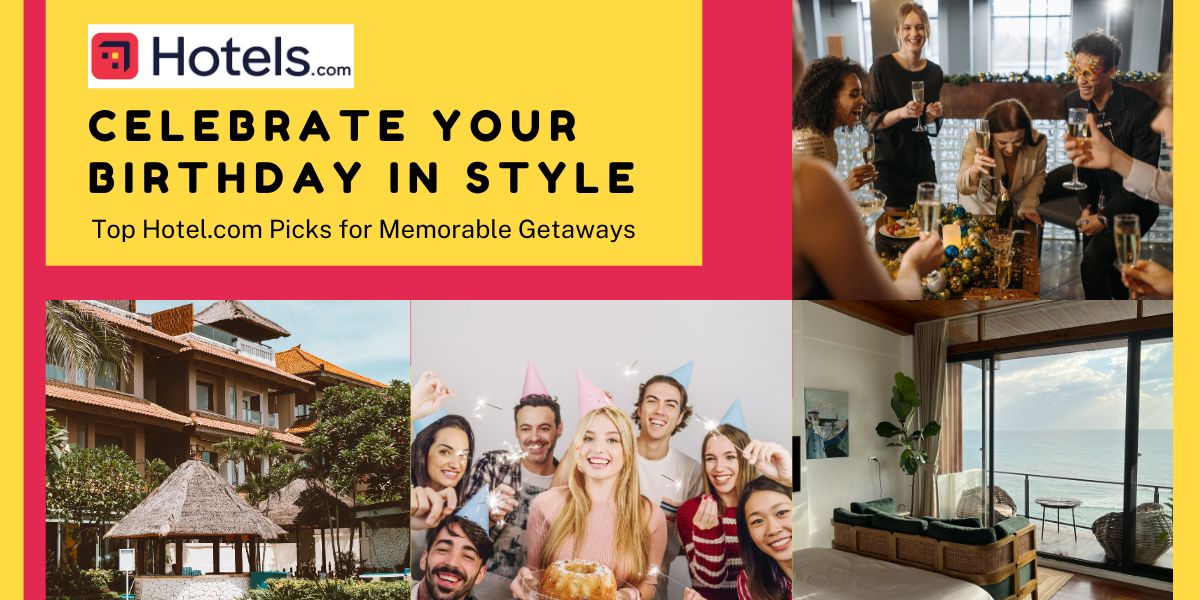 A split image with a red and yellow background. Top right shows a group of friends celebrating. The bottom half shows a luxurious resort, friends in party hats, and a modern hotel room.